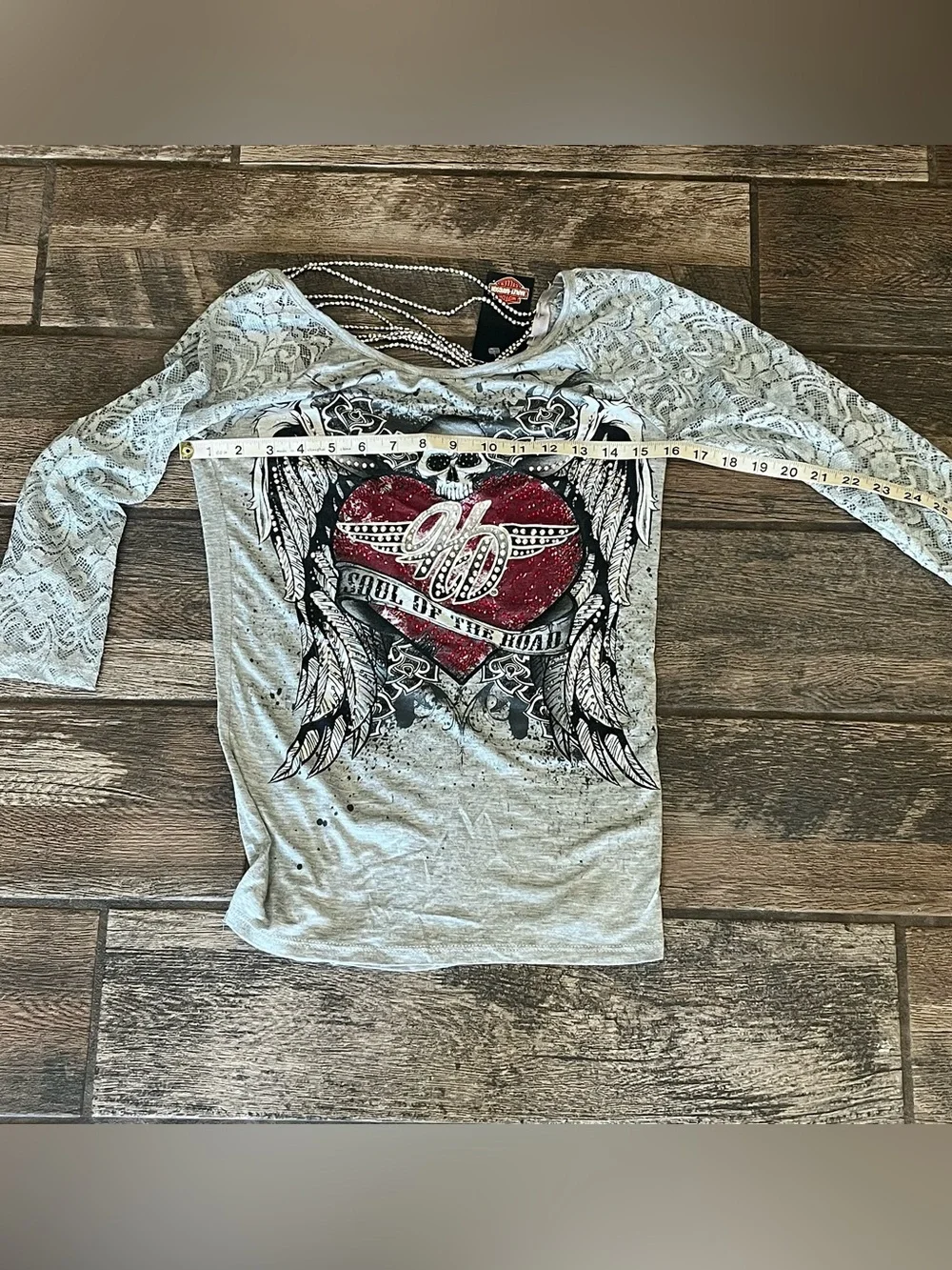 Harley Davidson 3/4 sleeve t-shirt skull rhinestones lace soul of the road S - Picture 7 of 10